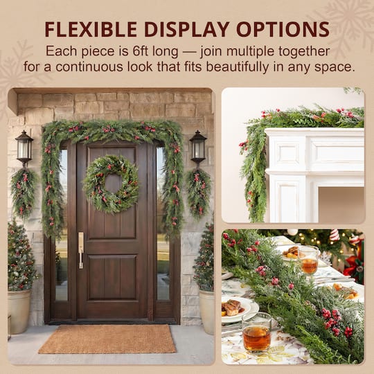 Glitzhome® 6ft. Christmas Greenery Frosted PE Dripping Garland with Pinecones & Red Berries, Set of 2